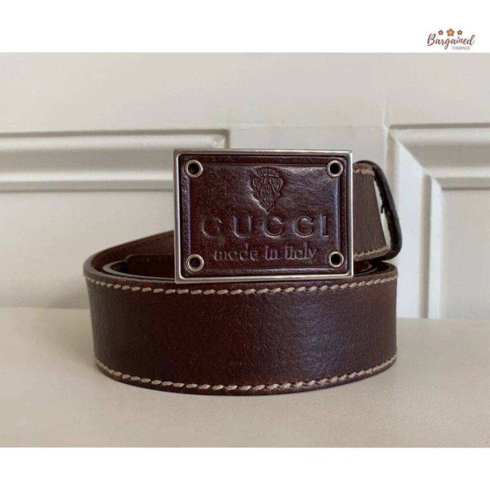 Authentic Gucci Brown Leather Crest Logo Plaque Men's Buckle Belt Size 90/36 - Picture 12 of 13